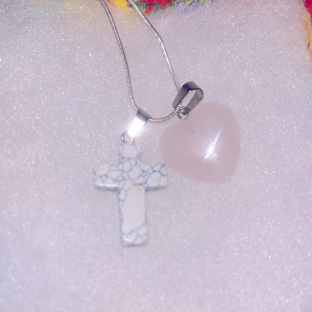 Boho hippie Howlite Crystal Cross & Rose Quartz heart Silver 18” Necklace